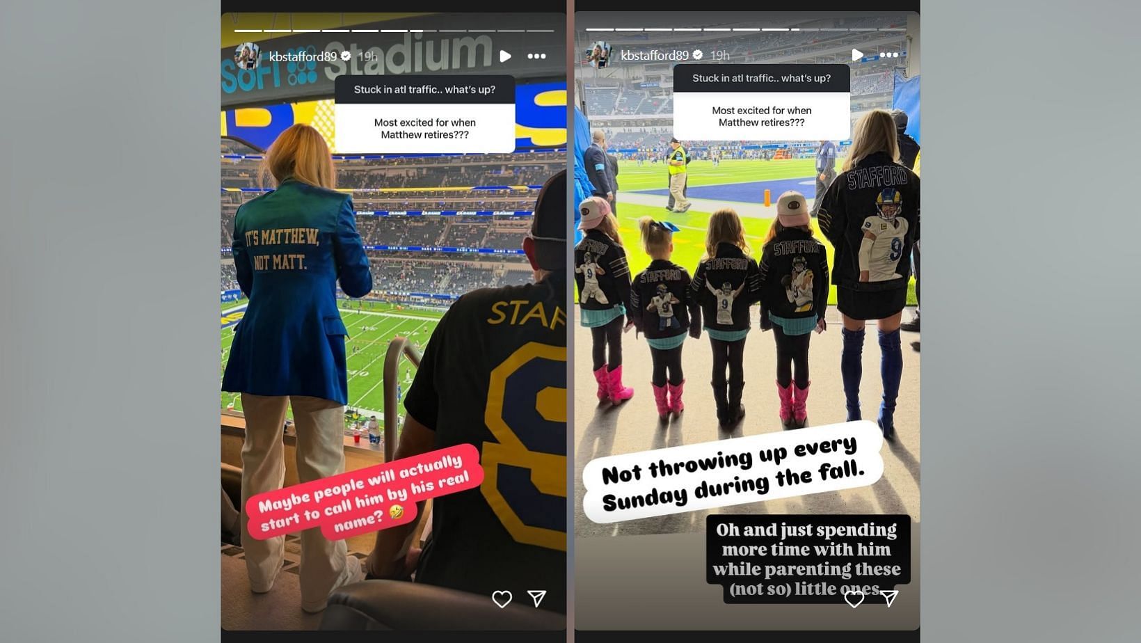 Matthew Stafford's wife Kelly shares selfish reasons for supporting Rams QB's retirement idea (Image Credit: Kelly/IG)